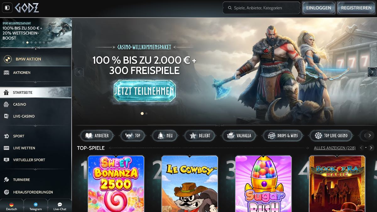 Godz positioniert sich als modernes krypto casino für Spieler, die Wert auf schnelle Blockchain-Transaktionen und maximale Freiheit legen. Neben Tausenden Casino-Spielen und einem integrierten Sportwettenbereich punktet die Plattform mit unkomplizierten Ein- und Auszahlungen. Zum Einstieg wartet ein starker Bonus von 100 % bis zu 2.000 € plus 300 Freispiele.