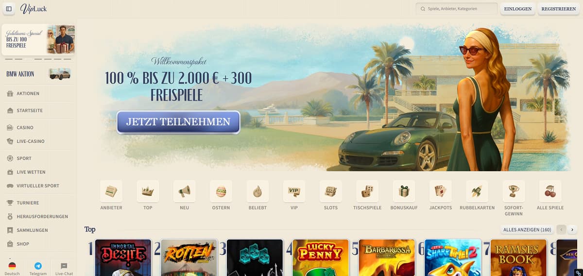 Vipluck glänzt als erstklassig ausgestattetes krypto casino, das eine Vielzahl digitaler Währungen für blitzschnelle Ein- und Auszahlungen unterstützt. Die Plattform garantiert ein flexibles Spielumfeld mit attraktiven VIP-Vorteilen und begrüßt neue Mitglieder mit einem 100 % Einzahlungsbonus bis zu 2.000 € plus 300 Freispielen.