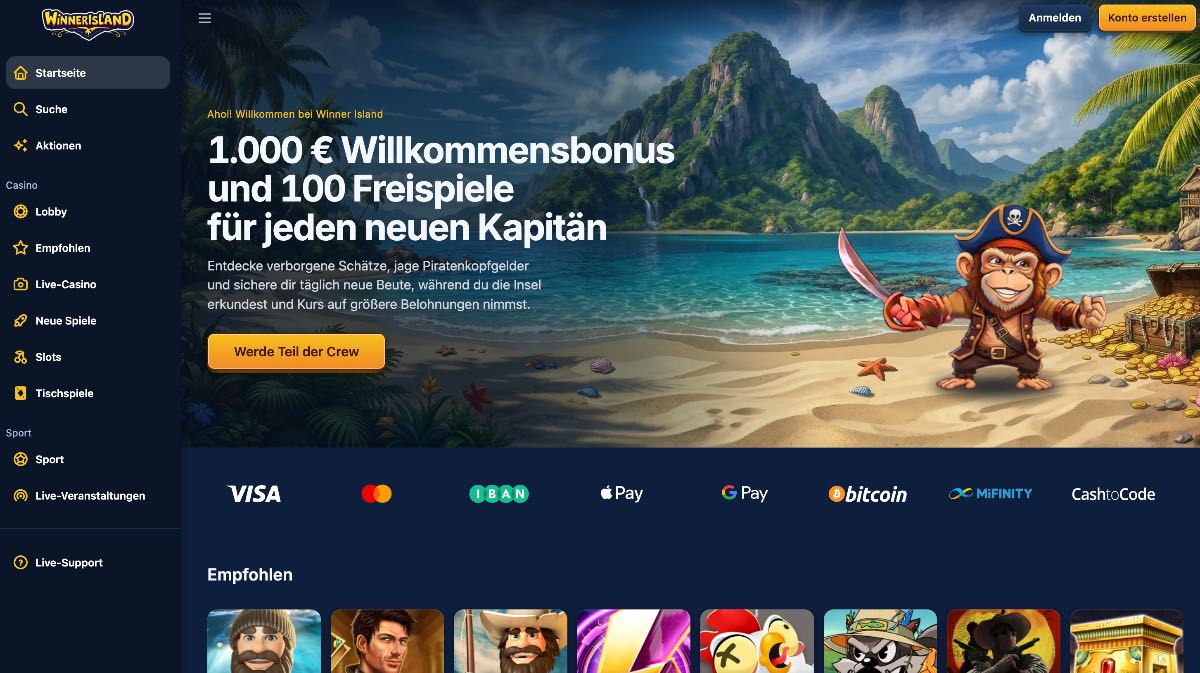 Als nutzerfreundliches krypto casino steht Winnerisland für extrem zügige Auszahlungen direkt auf dein Wallet. Wer ungestörte Spielsessions an den Slots oder im Live-Bereich schätzt, profitiert hier von unkomplizierten Transaktionen und sichert sich zum Start das exklusive Captain's Welcome Pack von bis zu 1.000 € plus 100 Freispiele.